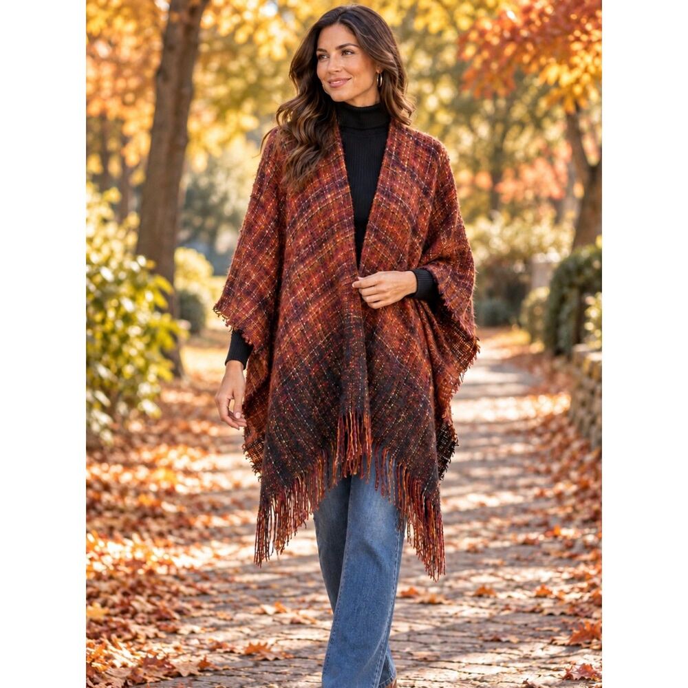 Rust Ombre Tweed Plaid Ruana Poncho Wrap Cozy Boho Fringe